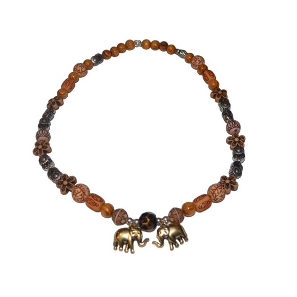 Handmade Mixed Media Beads Acrylic Wood Metal Elephants Charm Necklace 11.5' - Picture 4 of 5